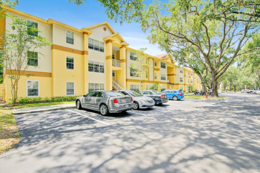 Building exterior and parking lot with native landscaping