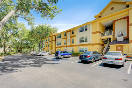 Building exterior and parking lot with native landscaping