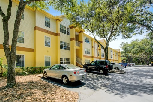 Building exterior and parking lot with native landscaping