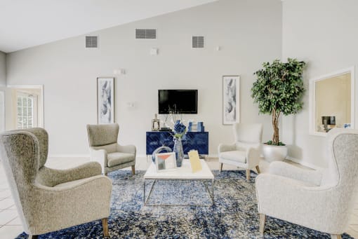 Clubhouse interior with gray fabric chairs, blue accent rug, coffee table and wall mounted television and decor