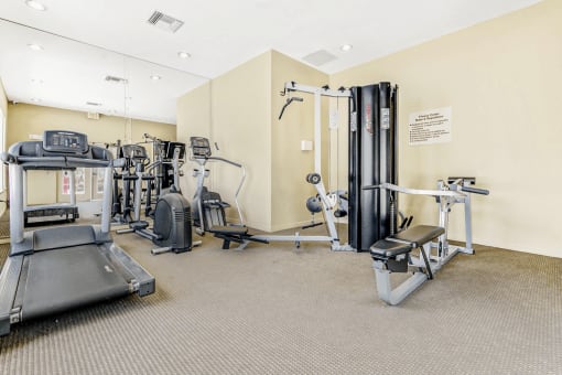 Fitness center with cardio and strength machines and large mirror wall