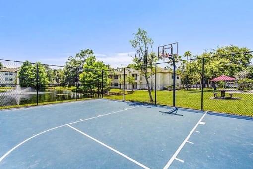 Fenced-in basketball court.