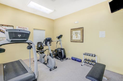 a home gym with treadmills and dumbbells