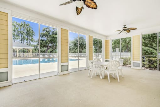 Screened in Poolside Lounge Area with Ceiling Fans  and Table with Chairs
