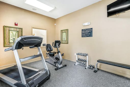 Carpeted Fitness Center with Exercise Equipment and Mounted TV