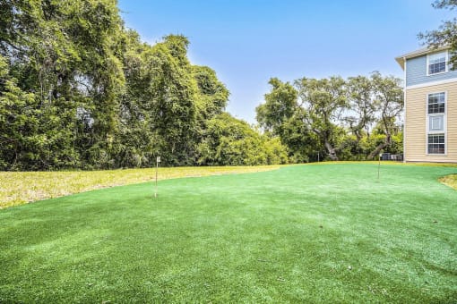 Putting Green Next to Apartment Building with Trees in The Background