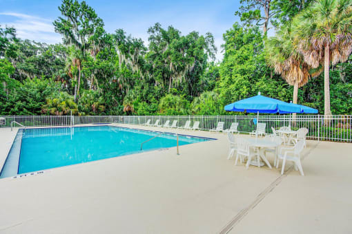 Swimming pool and sundeck with tables, chairs, and loungers. The perimeter fence is lined with trees.