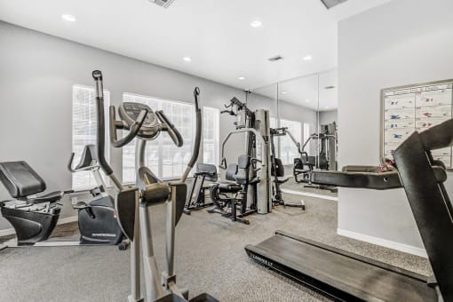 Fitness center with strength and cardio equipment, mirrors, and several windows.