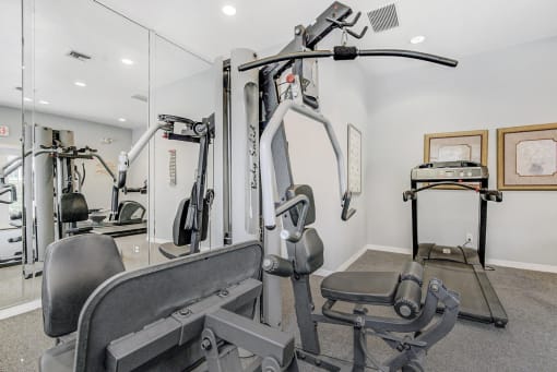Fitness center with strength and cardio equipment and mirrors.