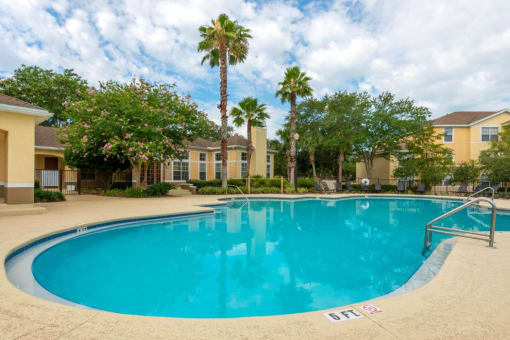 Swimming Pool Surrounded by Palm Trees with Building Exteriors in the Background