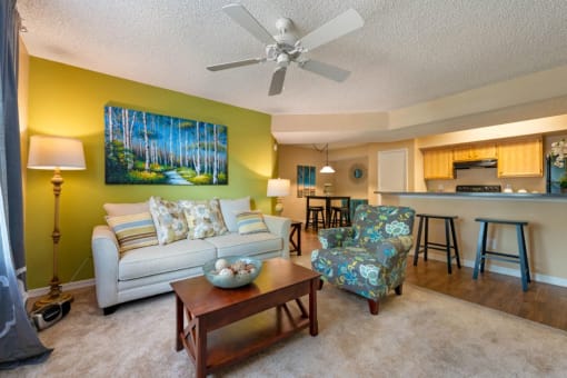Furnished Living Room with Lime Green Accent Wall and an Open Layout