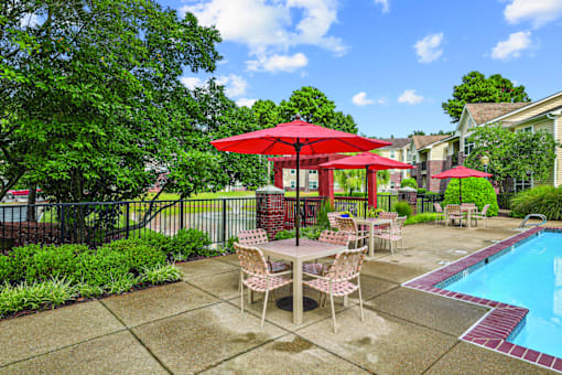 A poolside area with chairs and umbrellas.