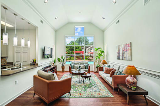 A living room with a brown couch and a rug.