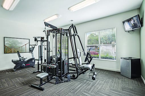 A gym room with a variety of equipment including a treadmill, weights, and a television.