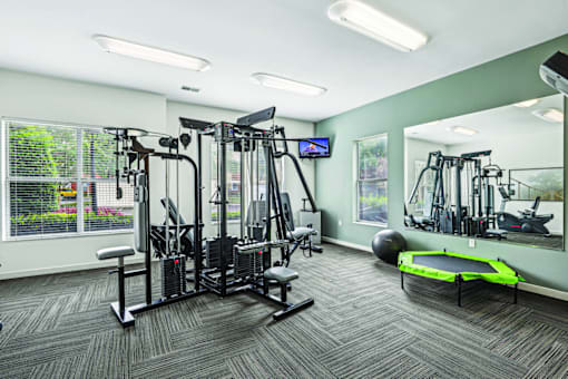 A gym with a variety of equipment including a treadmill, weights, and a bench.