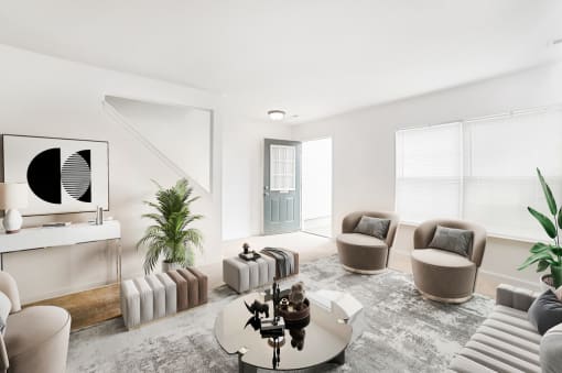 Virtually staged living room interior with grey rug, side chairs, and glass coffee table. Large window in background next to font door/entryway