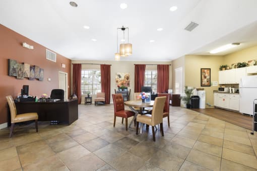 Leasing Office with Desk and Chairs, Dining Table with Chairs and Mini Clubhouse Kitchen