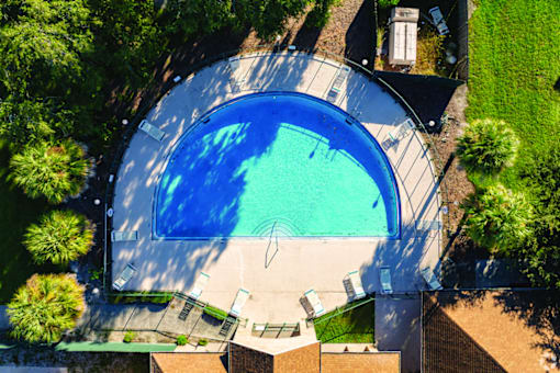 An aerial view of a swimming pool surrounded by trees and a concrete patio.