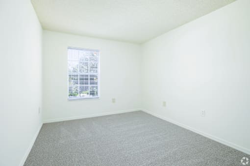 A room with a window and carpeted floor.