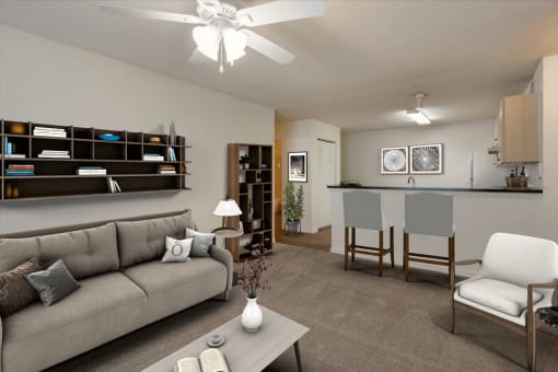 Virtually staged living room with carpet flooring, multi speed ceiling fan, couch, coffee table, chair, floating shelves, and kitchen bar with stools in the background