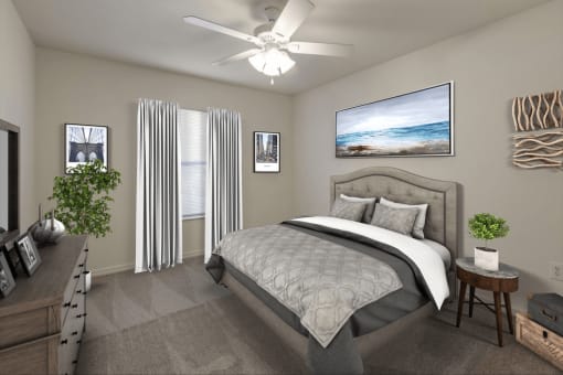 Virtually staged bedroom with carpet flooring, multi speed ceiling fan, dresser, bed, night stand, wall art, and large window for natural lighting