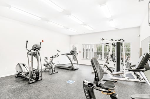 Bright Fitness Center with Exercise Equipment and Mirrored Wall and large window
