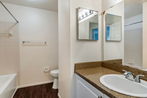 Bathroom with hardwood style flooring, large mirror, and vanity lighting