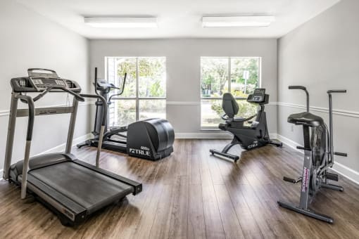 Fitness center with four exercise machines, two windows, and hardwood-style flooring.