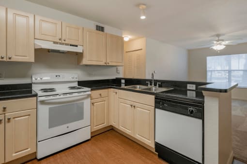 Kitchen with Blonde Cabinets, Black Counters and White Appliances