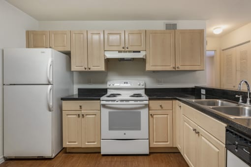 Kitchen with Blonde Cabinets, Black Counters and White Appliances