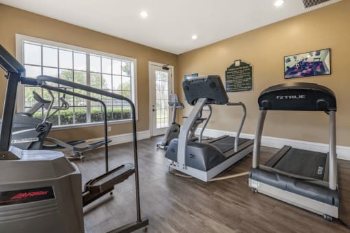 Fitness center cardio equipment, hardwood style flooring, and large windows for natural lighting