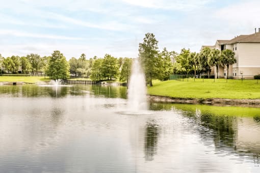 Large community lake with a water feature surrounded by grass and native landscape.