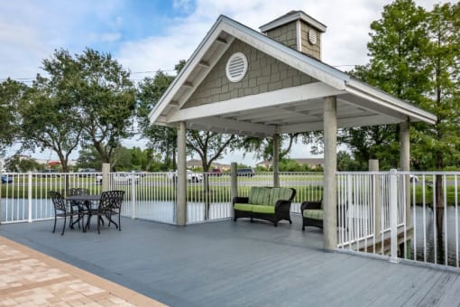 Dock overlooking lake with picnic seating