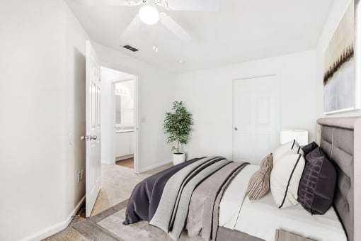 Vacant bedroom with a closet, carpet, and a ceiling fan.