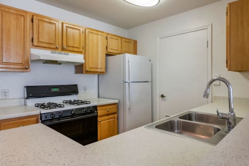 Kitchen with white appliances and double basin sink