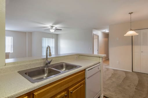 Kitchen with hardwood style flooring, double basin sink, and breakfast bar