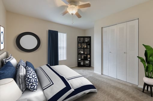 Virtually staged bedroom with  tan carpeted flooring throughout, window with white vertical blinds, and a bi-fold closet door on an adjacent wall