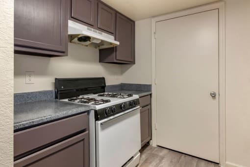 Kitchen with hardwood style flooring, white appliances, and dark espresso cabinetry