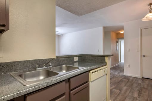 Kitchen with hardwood style flooring and double basin sink