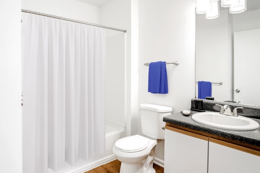 A vacant bathroom featuring white walls and a white ceiling. Brown wood-style flooring throughout. The bathroom also features a white shower/tub combo along with a black granite style bathroom vanity, white sink, and wood-colored trim surrounding the white cabinets.