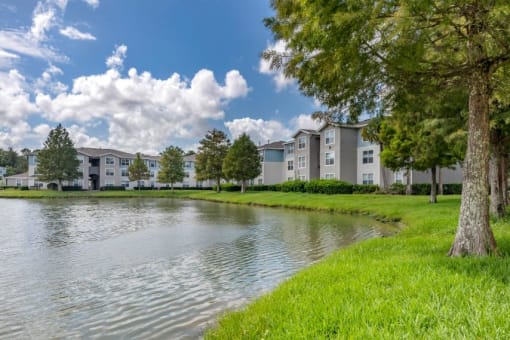 Apartment building exterior with lake views