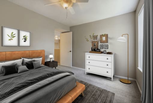 Virtually staged bedroom with carpet flooring