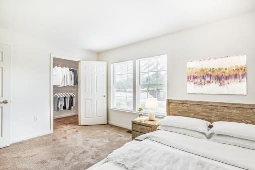 a bedroom with a bed and a closet