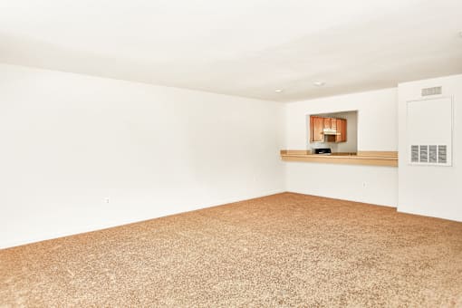 A room with a brown carpet and white walls.