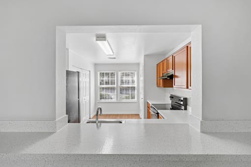 A kitchen with a sink and a window.