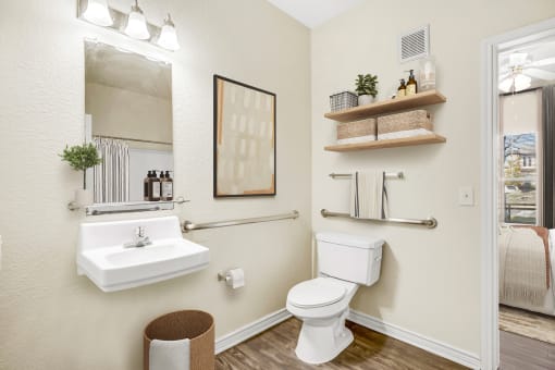 a bathroom with a toilet sink and mirror