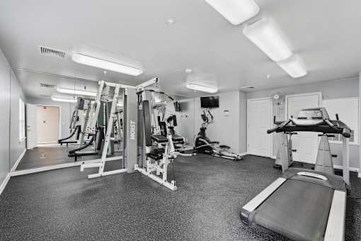 A spacious gym with a variety of equipment including a treadmill, weights, and a bench press.