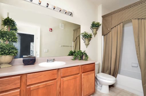 Bathroom with brown cabinets, sink, shower, and toilet. A large mirror is on the back wall with Hollywood lighting above.
