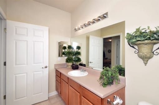 Decorated bathroom with brown cabinets, A large mirror rests on the right wall with lighting above.