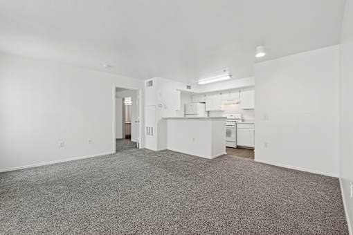 A large empty room with a carpeted floor and white walls.